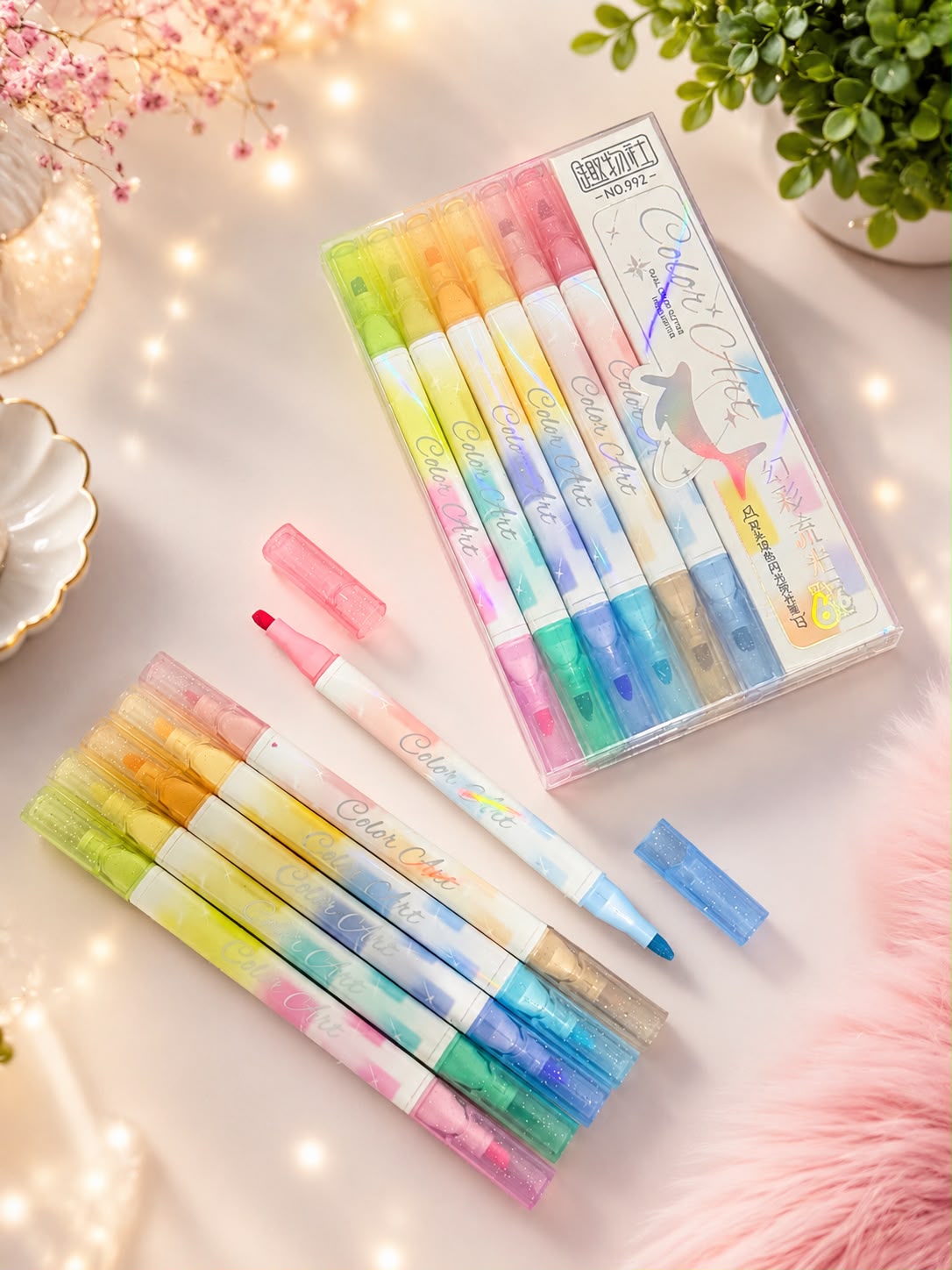 Kit 6 Marca Texto Glitter Ponta Dupla