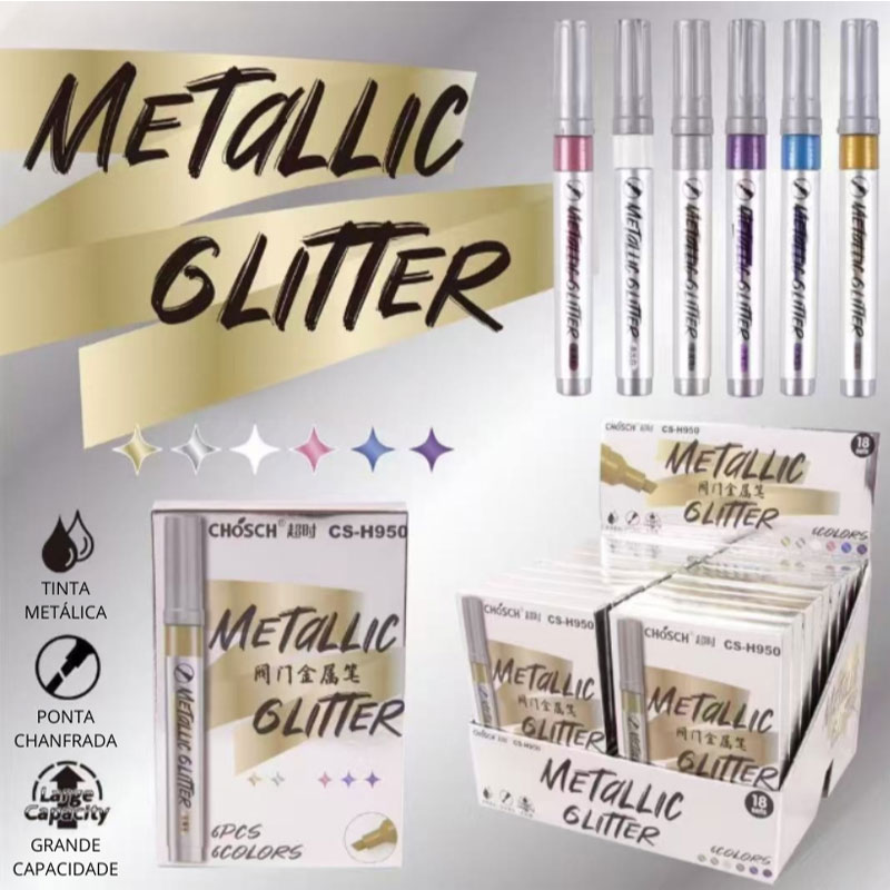 Kit 6 Caneta Metálica Glitter